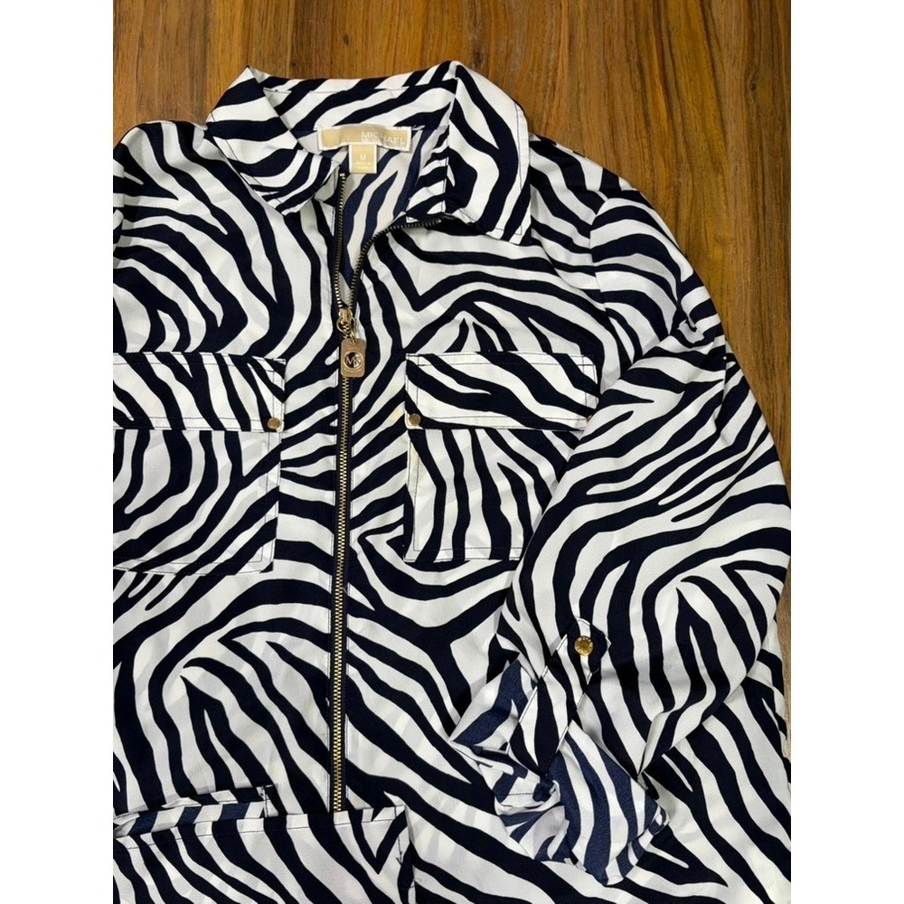 MICHAEL Michael Kors Zebra Print Zip Front Tunic Blouse Womens M Navy White - Picture 2 of 7